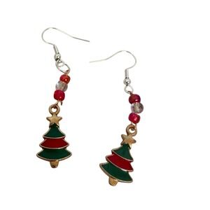Christmas Tree Earrings Dangle Beaded Holiday Festive Green Red Gold